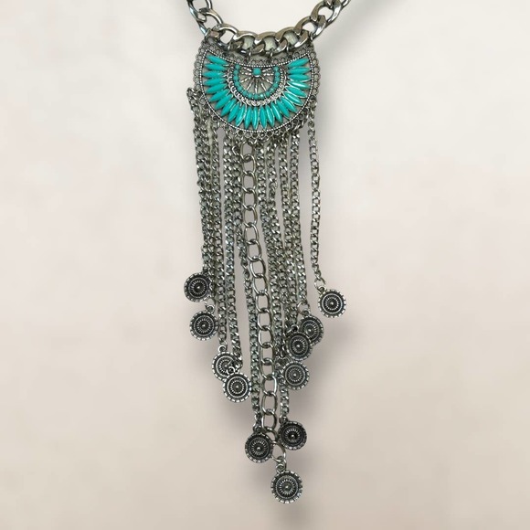 Southwestern Bohemian Bib Statement Necklace Faux Turquoise and Silver-Tone - Picture 4 of 10